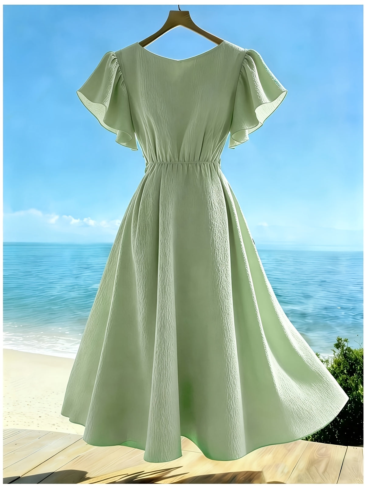 Women's Mint Green V-Neck Ruffle Short Sleeve Dress - A-Line Maxi Dress with Cinched Waist, Machine Washable Wedding Beach Dress Suitable for Parties, Vacations, Weddings, Short Sleeve V-Neck Ruffle Dress - Green