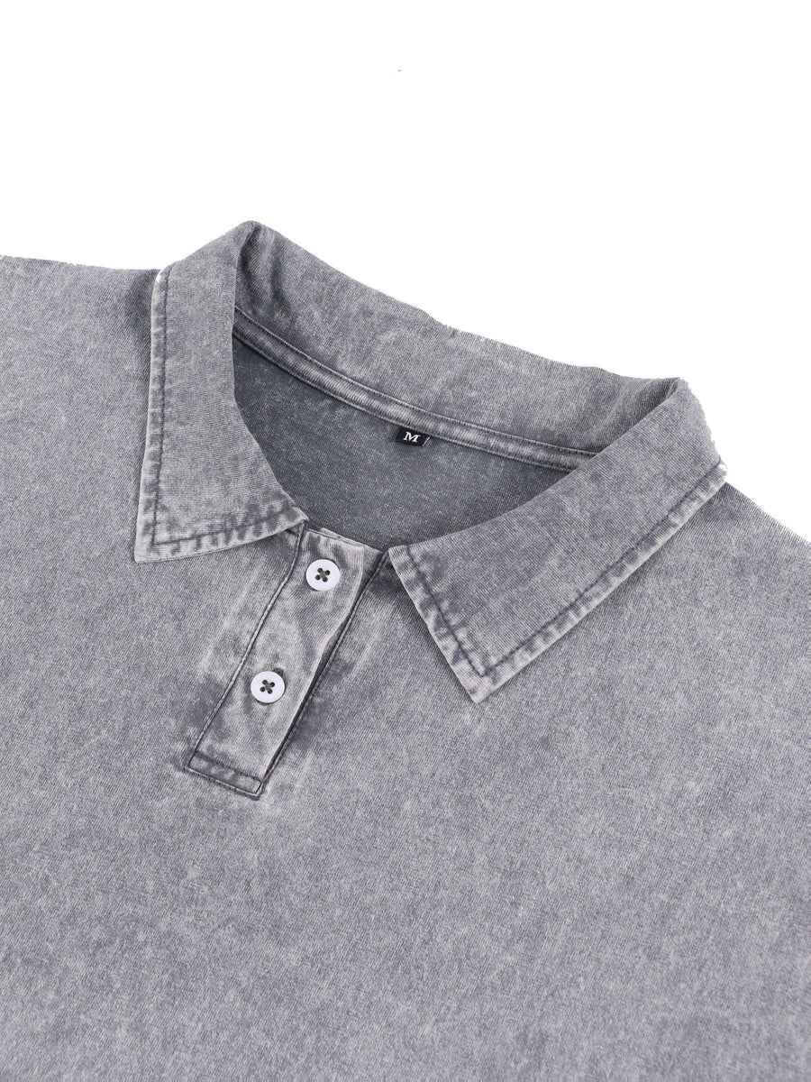 240G Heavyweight Combed Pure Men'S POLO Shirt Easy Retro Washed Loose Lapel Short Sleeve Skin-Friendly Temperament Autumn Summer Daily Commute Casual Top - Dark Gray