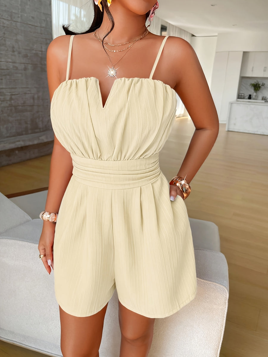 Women's Solid Color Elegant Adjustable Strap Pleated Jumpsuit, Suitable for Summer, Spring, and Beach Parties - Apricot