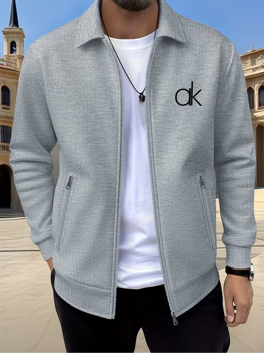 Men'S Waffle Texture Lapel Jacket - Minimalist Letter Print - Premium Texture And Layered Feel - Soft, Breathable, Comfortable, Versatile - Functional Pockets for Storage - Ideal for Business Commute, Casual Wear, And Travel - Grey