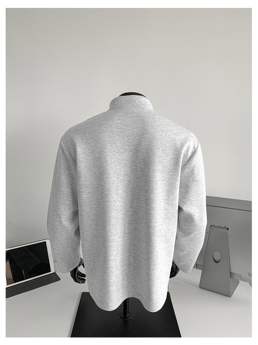 Spring/Autumn Henry Neck Long Sleeve T-Shirt, Loose Fit with Half-Open Placket Design, Versatile Commuter Base Layer, an Excellent Choice for Daily Work and Casual Vacations - White and Grey