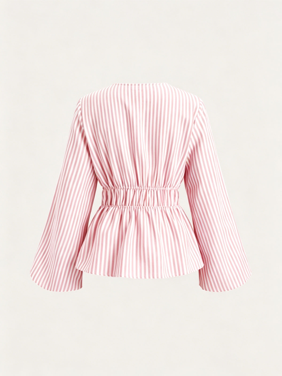 Belted Vertical Stripe Long-sleeve Shirt, Artistic Casual Fashion, Versatile Loose Top - Pink
