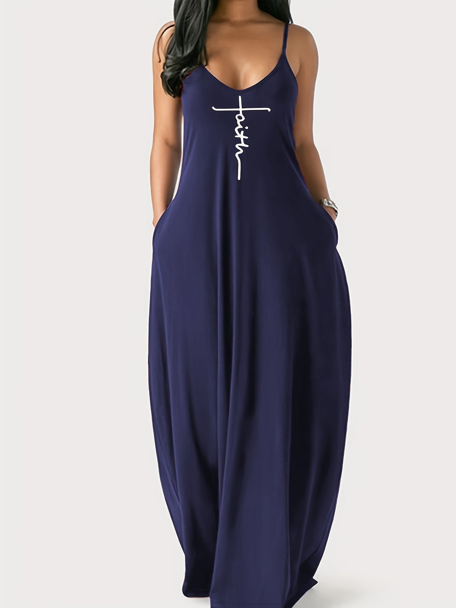 Oriented to European And American Foreign Trade Cross-Border New Women'S Long Dress, Slim And A-Line Solid Color Pattern Suspender Dress - Dark Blue