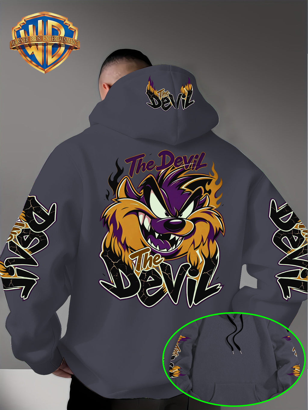 Le Yitong Big Mouth Monster The Devil Flame Print Hooded Sweatshirt, with Sleeve Print Design, Kangaroo Pouch And Drawstring Hood, Suitable for Autumn/Winter Casual Wear And Outdoor Activities - Dark Gray