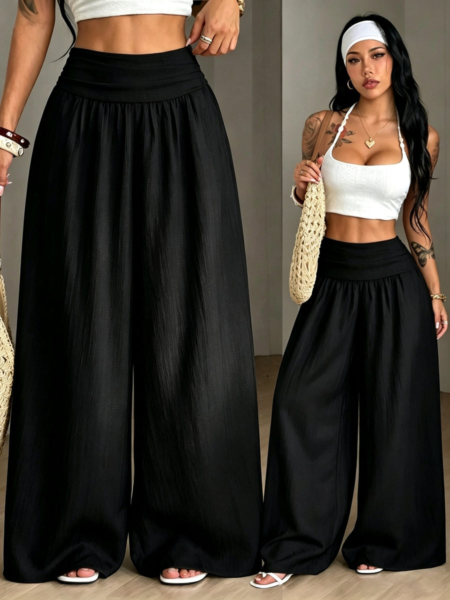 Women's Autumn/Winter Elegant Casual Vacation Solid Color Loose Textured Wide-Leg Pants - Black