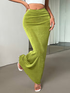 New Summer Women's Simple and Elegant Green Low-Waist Maxi Skirt, Suitable for Summer Vacations, Solid Color Mermaid Skirt, Women's Half Skirt - Green