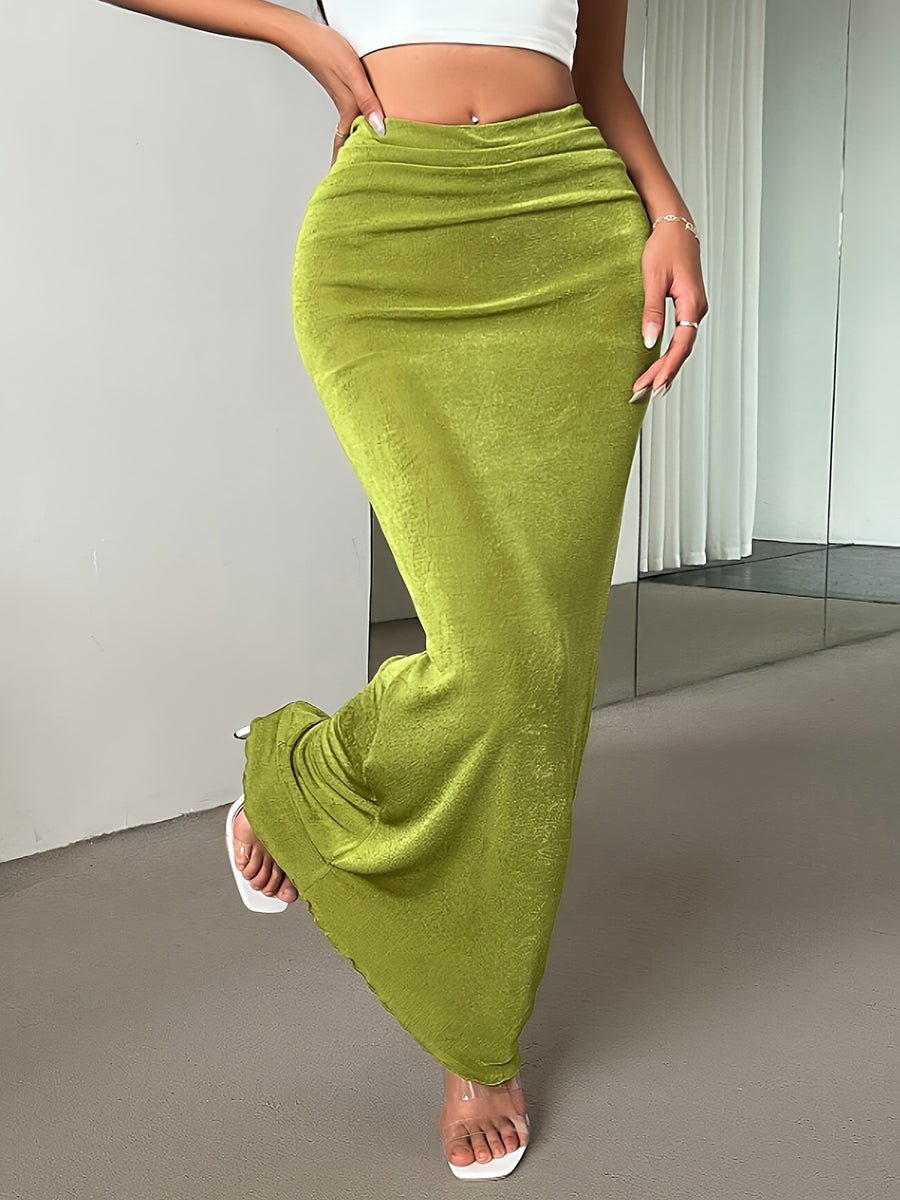 New Summer Women's Simple and Elegant Green Low-Waist Maxi Skirt, Suitable for Summer Vacations, Solid Color Mermaid Skirt, Women's Half Skirt - Green