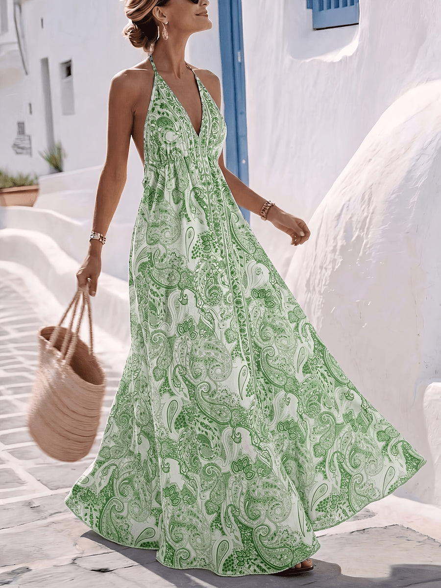 Women'S Summer Vacation Style Printed Backless Drawstring Dress, Perfect for Parties, Birthdays, And Dates - Green