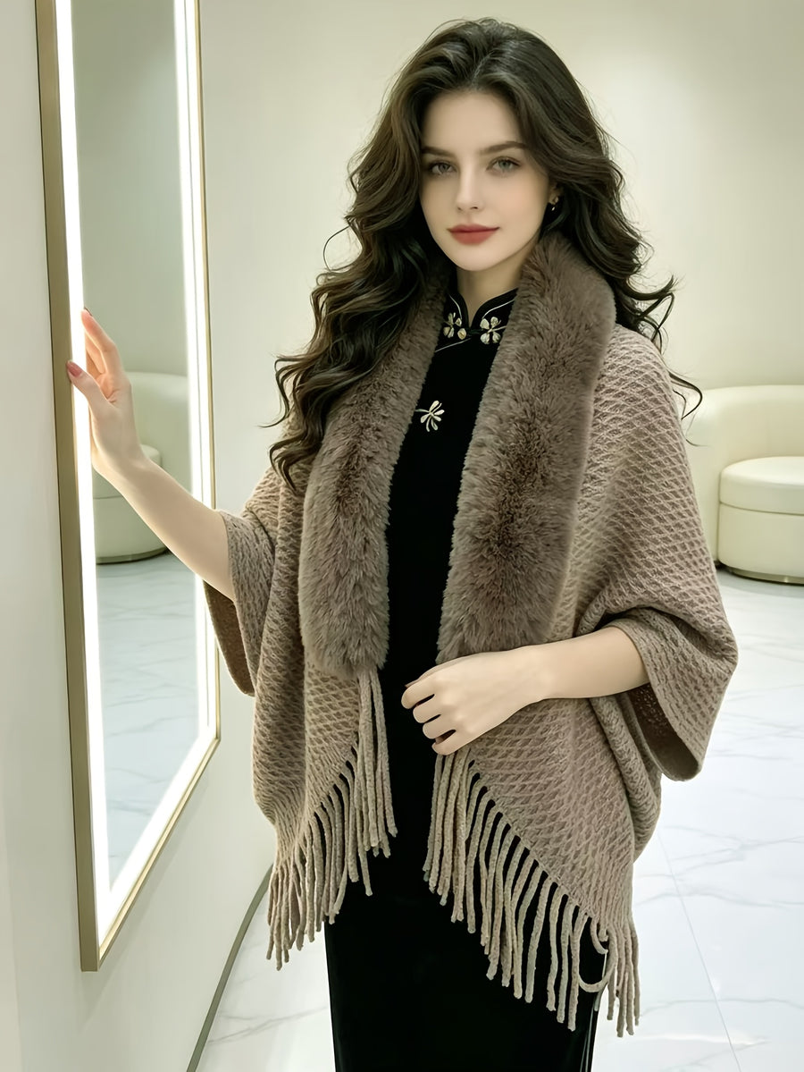 Women'S Open Cardigan, Autumn Winter Elegant Faux, Fringed Cape Scarf Jacket - Lightweight Warm Coat for Parties, Office, Casual Wear - Fashionable Autumn Winter Accessory, Soft Plush Texture, Trendy Scarf, Office Essential - Khaki