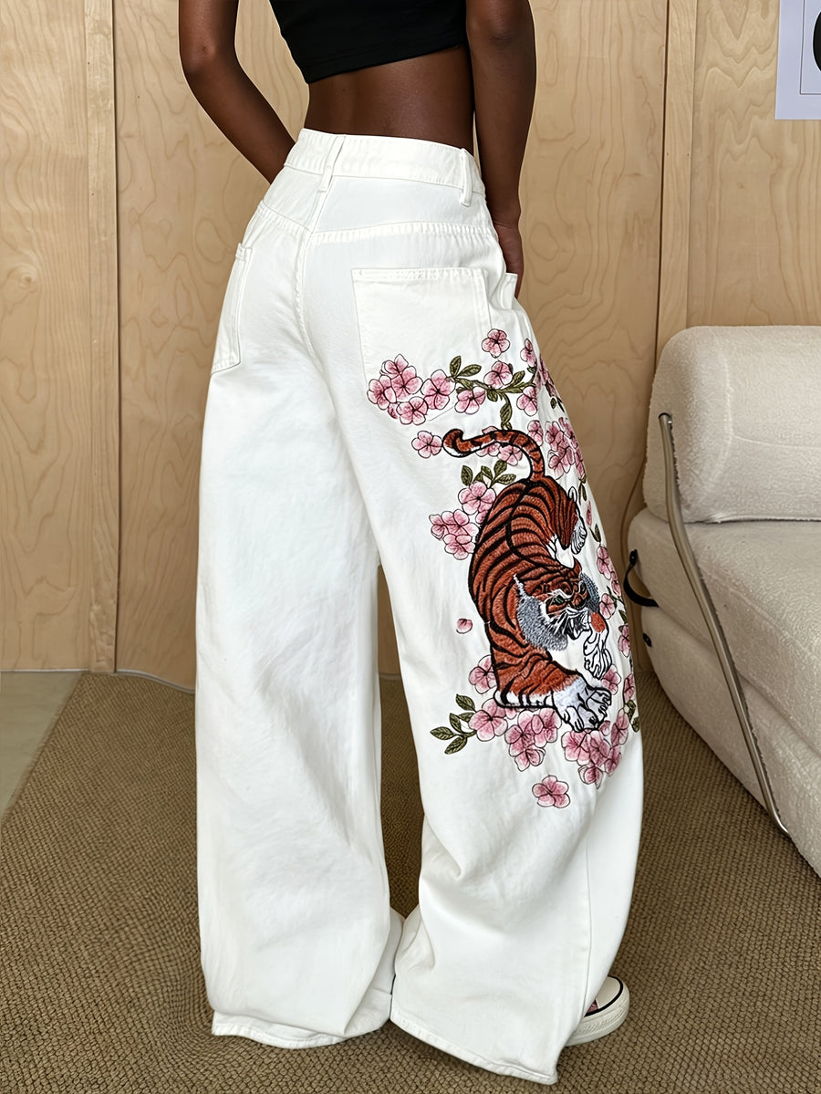 1pc High-waisted Heavy Embroidered Tiger and Floral Loose-fit Women's Denim Pants, Street-style Trendy and Versatile High-waisted White Wide-leg Pants, Belt/accessories Not Included - White