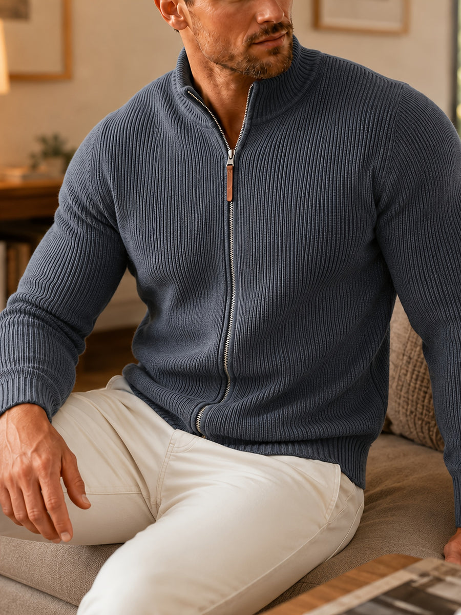 Du Jing Lan OBM Autumn/Winter New Men's Knit Cardigan, Thickened Warm Old Money Style Textured Ribbed Solid Color Double Zipper Open Front Long Sleeve Knit Sweater, Men's Business Casual Daily Basic Knit Base Layer Top, Suitable for Spring and Autumn - Dark Gray
