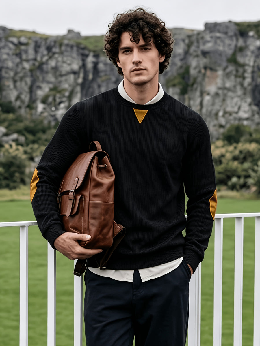 Men'S Corduroy Long-Sleeve Crew-Neck Pullover Leisure Work Outdoor Daily Wear Faux Collar Elbow Patches Design Loose Regular Fit Suitable for Spring, Autumn, And Winter Four Seasons Solid Color Minimalist Tone - Black