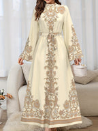 A Long-Sleeved, High-Collared Long Dress with Middle Eastern Print And a Belted Waist - Multicolor