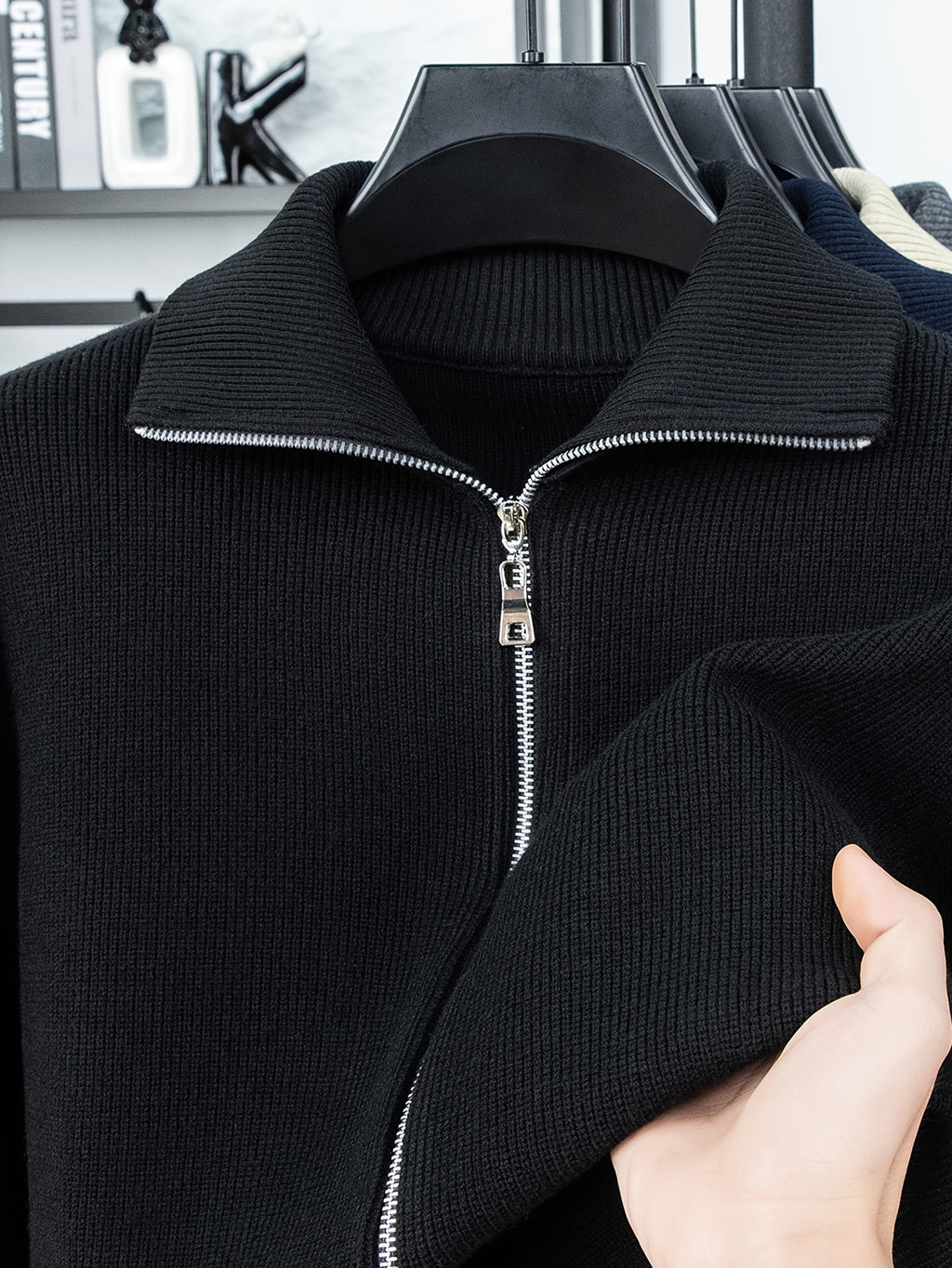 Lapel Full-Zip Knit Cardigan Jacket, Versatile And Practical - SINBOS - Black