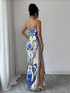 Elegant Exquisite Women'S Blue White Vintage Print Strapless High Slit Maxi Dress Fashion Sexy Temperament Piece for Party Club Date Vacation Beach Outfit - Blue