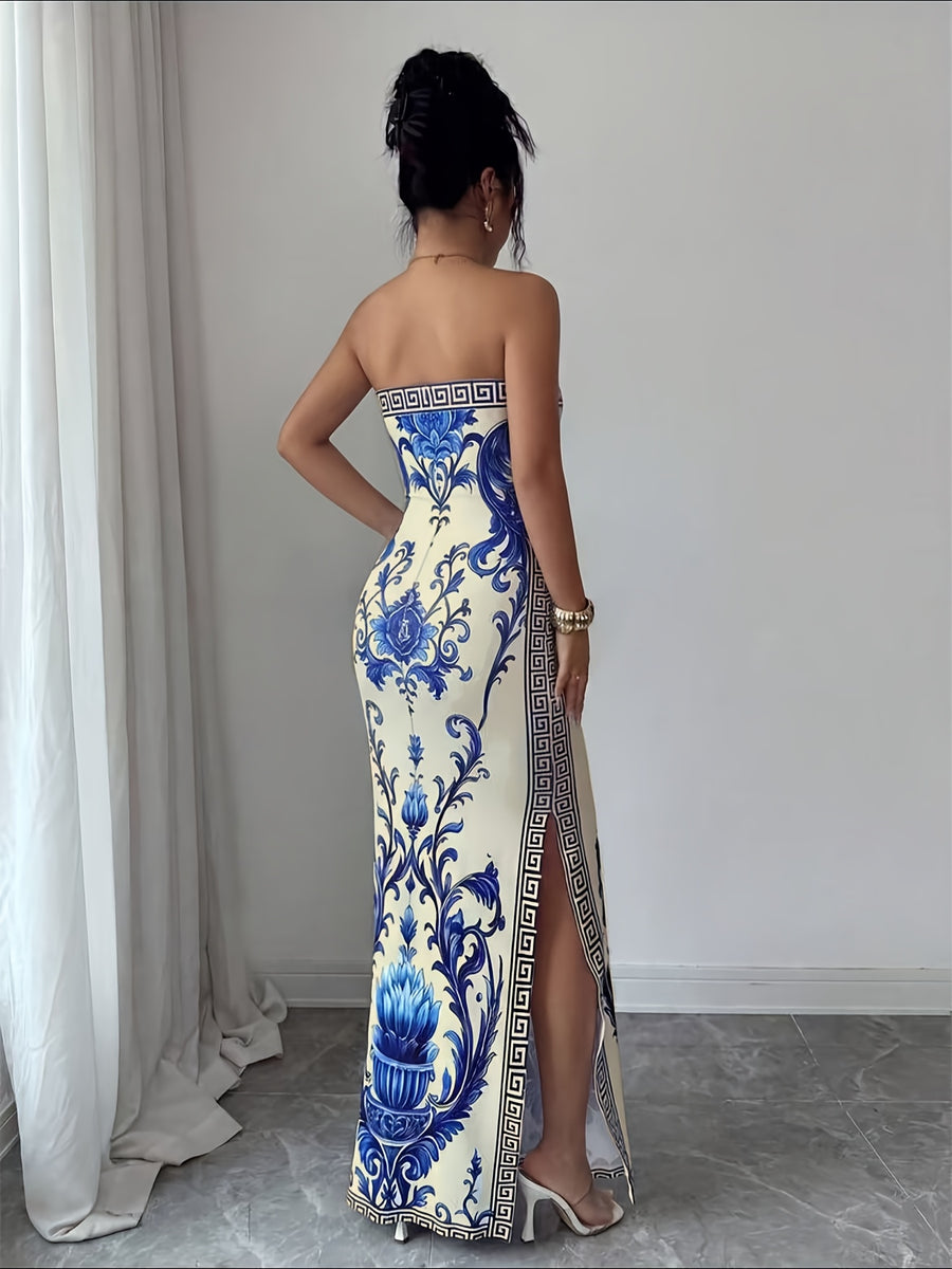 Elegant Exquisite Women'S Blue White Vintage Print Strapless High Slit Maxi Dress Fashion Sexy Temperament Piece for Party Club Date Vacation Beach Outfit - Blue