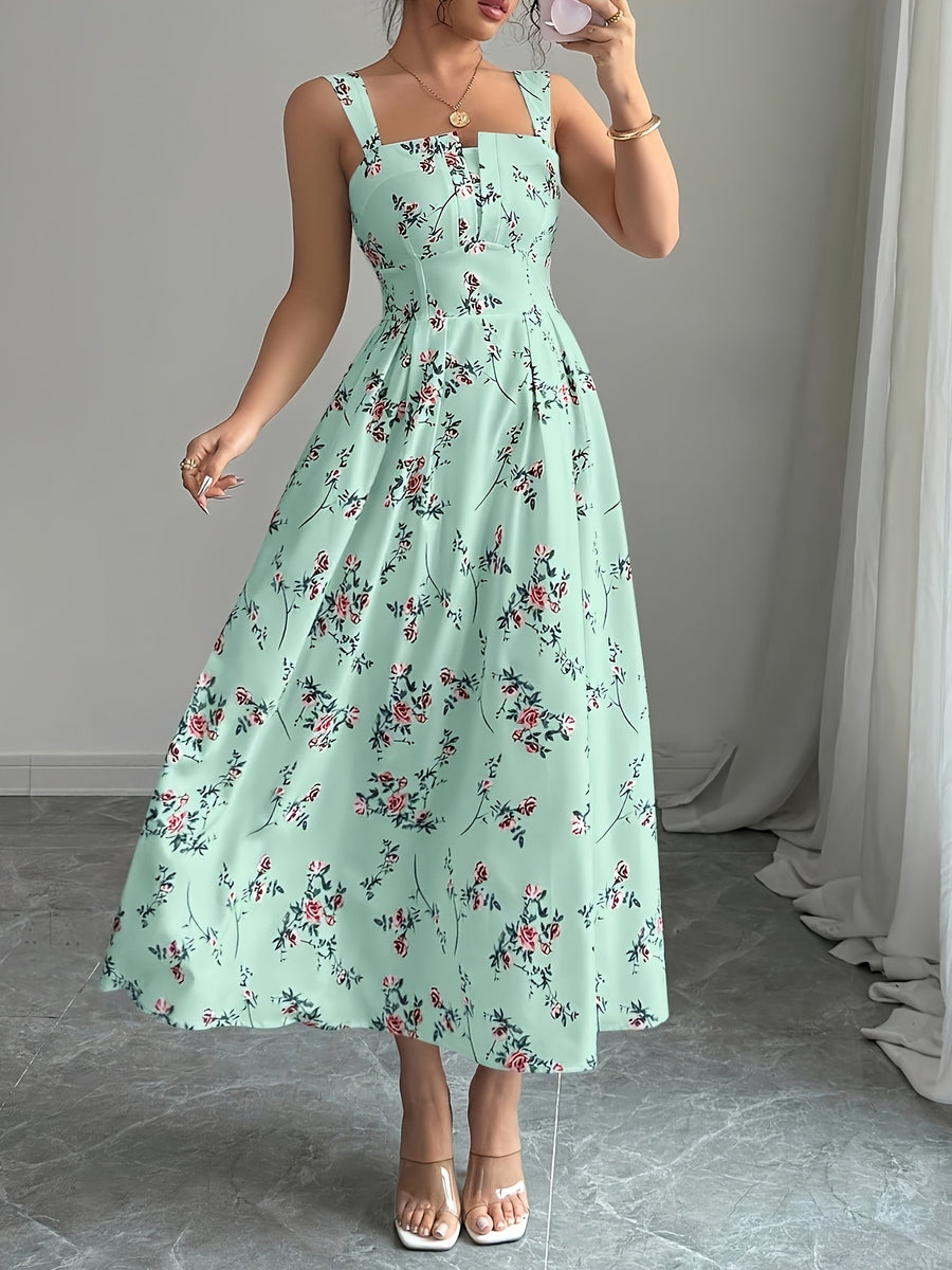 New Spring And Summer Casual French Printed Suspender Long Dress, Square Collar Waist Design, Elastic Band on The Back, A-Line Printed Skirt, Suitable for Vacation, Commuting, Dating And Other Occasions, And Retro Elegant. Perfect for All Occasions - Green
