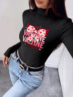 Women'S Autumn Winter New Style Semi-High Neck Fitted Top, Can Be Worn Inside Or Outside, Elastic Fabric, Soft And Skin-Friendly Warm, Easy Waist-Cinching Cut, Casual All-Match, Printed with "Valentine Vibes Bow Hearts Pink Red" - Black