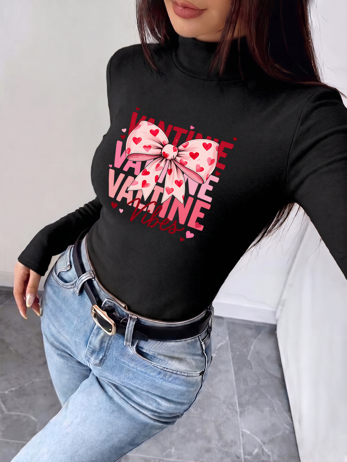 Women'S Autumn Winter New Style Semi-High Neck Fitted Top, Can Be Worn Inside Or Outside, Elastic Fabric, Soft And Skin-Friendly Warm, Easy Waist-Cinching Cut, Casual All-Match, Printed with "Valentine Vibes Bow Hearts Pink Red" - Black