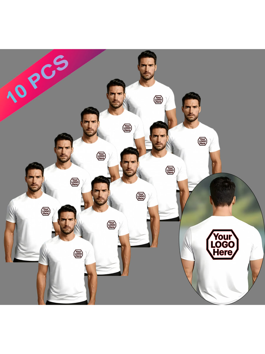 Custom Logo Printing Custom Cultural Shirt Commemorative Shirt, Men'S Fashion Casual Quick-Dry T-Shirt Short Sleeve Four Seasons Base Shirt Ten-Piece Set, Front And Rear Point Custom Printing Left Chest Small Printing Back Large Printing - White