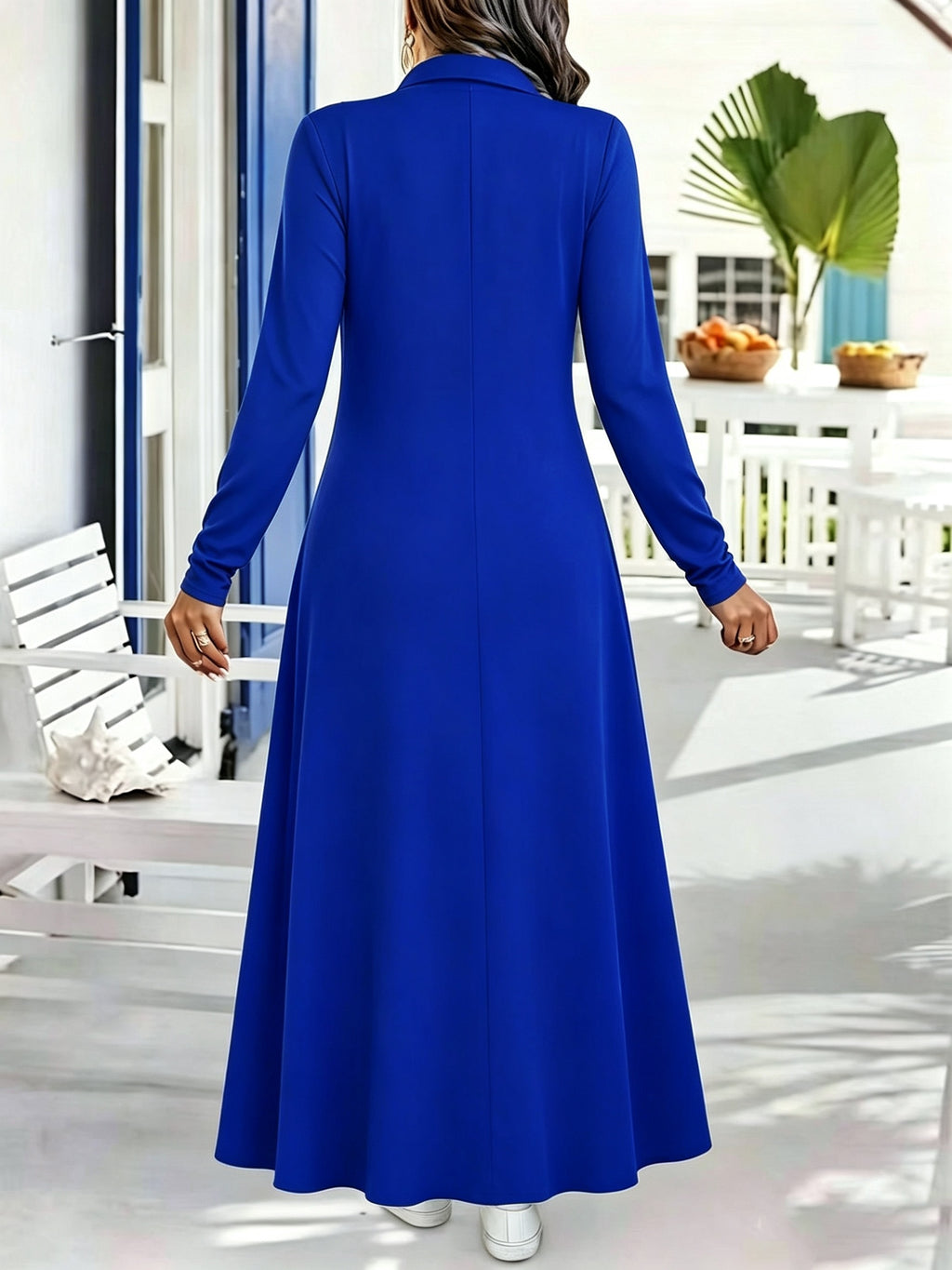 Plus Size, Plus Size Elegant Lapel Collar Zipper Dress - Full-Length -Line Maxi Dress with -Free, Machine Washable Winter Dress Suitable for, Weddings, Formal Events, Solid Color Long Sleeve Outfits - Blue