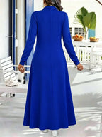 Plus Size, Plus Size Elegant Lapel Collar Zipper Dress - Full-Length -Line Maxi Dress with -Free, Machine Washable Winter Dress Suitable for, Weddings, Formal Events, Solid Color Long Sleeve Outfits - Blue