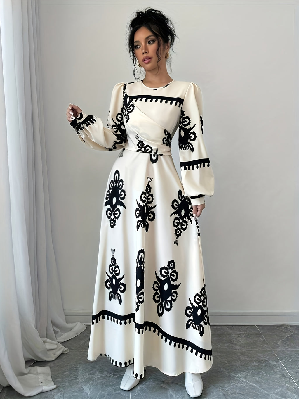 Print Lantern Sleeve Dress - Long Sleeve Small Round Neck Long Dress for Women, Machine Washable Spring/Autumn Casual & Formal Wear, Long Sleeve Dress - Mixed colors