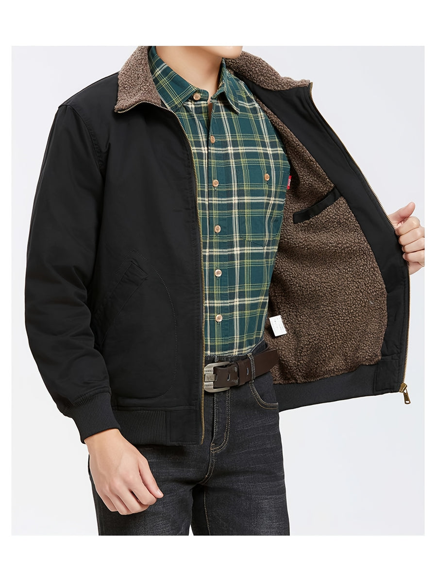 Men'S Lamb Workwear Jacket Spring Autumn Winter New Multi-Pocket Outdoor Casual Coat - Black