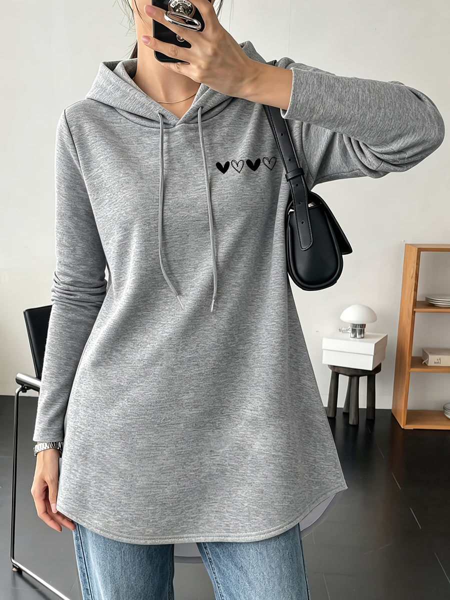 Mid-Length Hooded Sweatshirt for Women, Loose Hip-Covering Heart Print Drawstring Pullover Top - Light Grey
