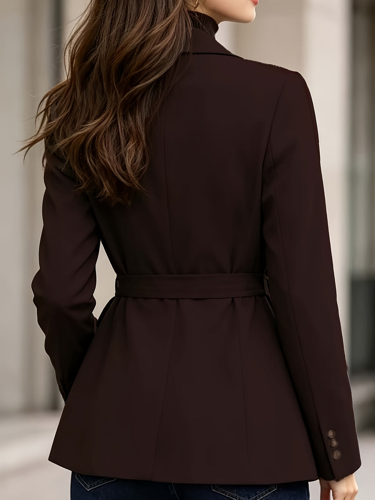Elegant and Fashionable Women's Solid-color Lapel Blazer with a Cinched Waist, Bow-tie Belt, Single-breasted, and Slim-fit Design, Suitable for Commuting, Workplace, and Daily Wear - Reddish Brown