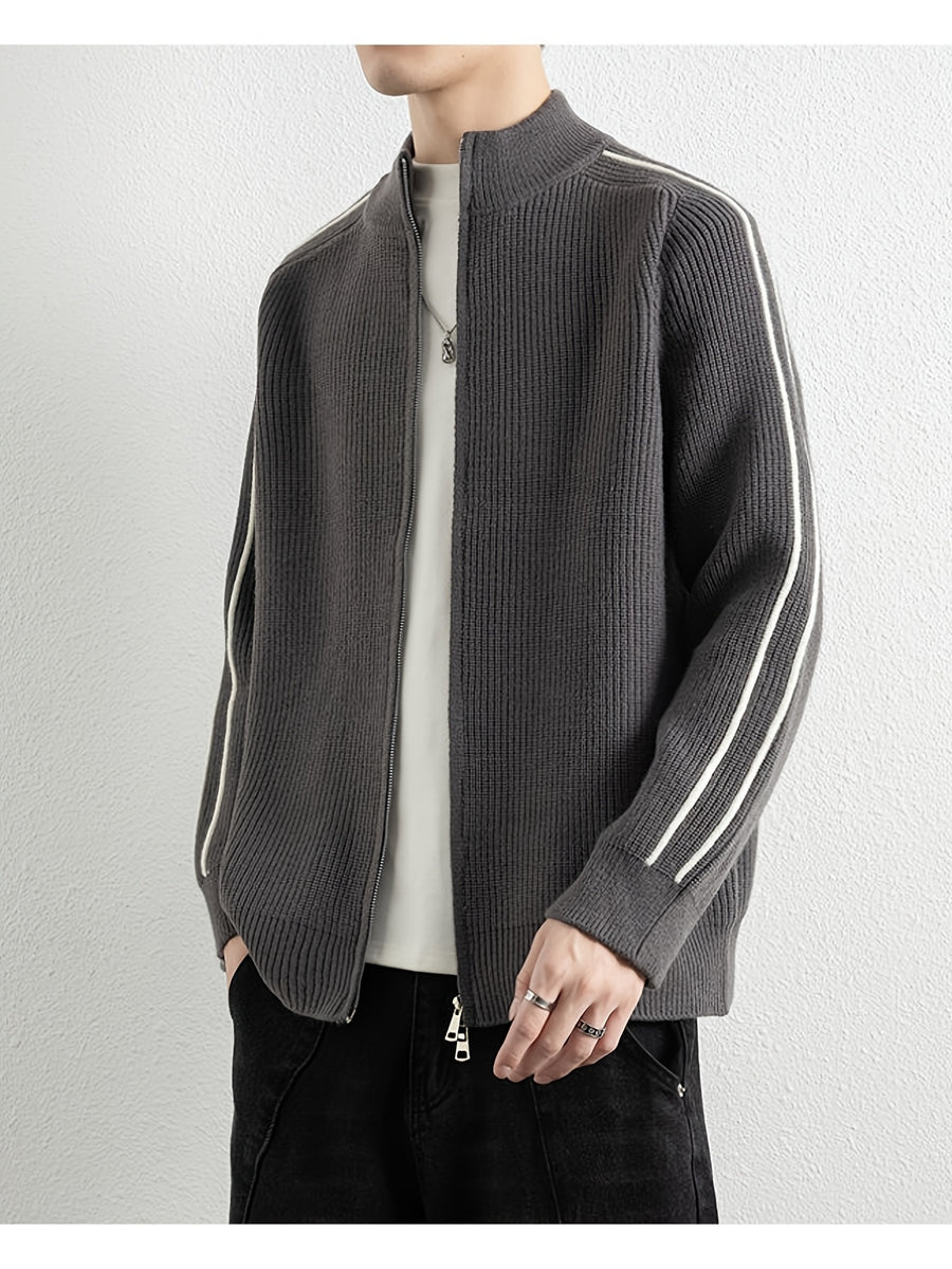 [Wading Whale OBM] Spring/Autumn New Men'S Knit Cardigan, Old Money Style Color-Block Striped Zipper Front Stand Collar Cardigan for Men, Business Casual Fashion Knitwear, Suitable for Spring, Autumn, Winter Layering Or Outerwear, Fits Daily Casual - Dark Gray