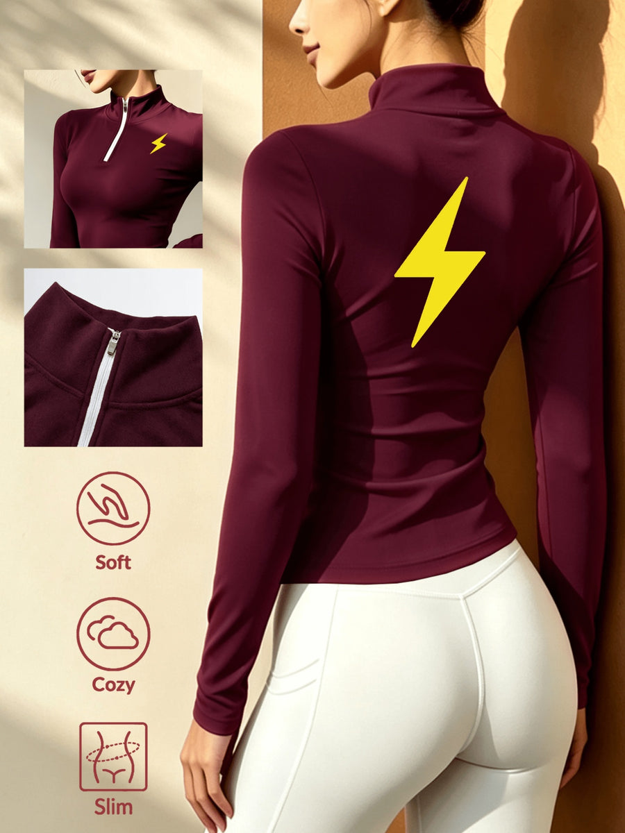Women'S Solid Color Half-Zipper Long Sleeve Top, Waist-Cinching Warm T-Shirt - Burgundy