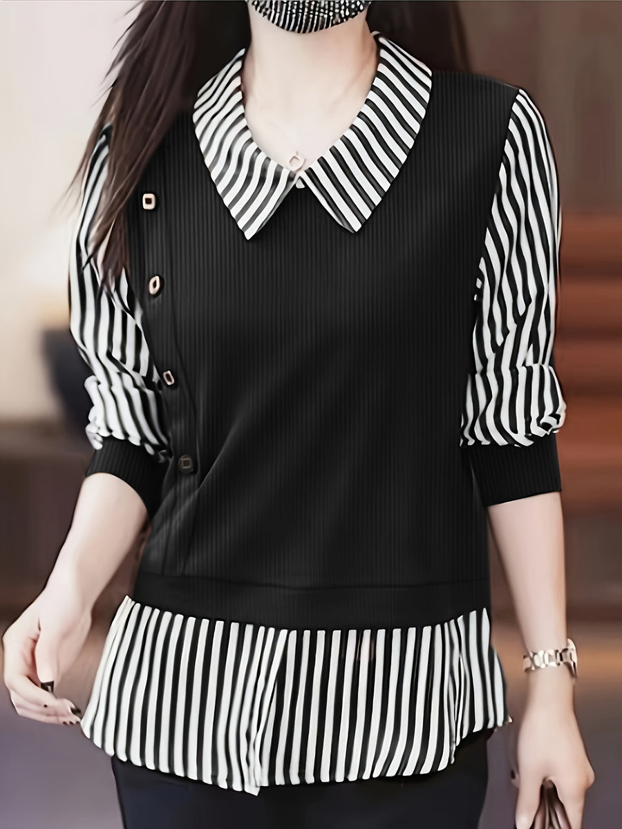 Spring And Autumn Fashion Patchwork Shirt for Women - Black