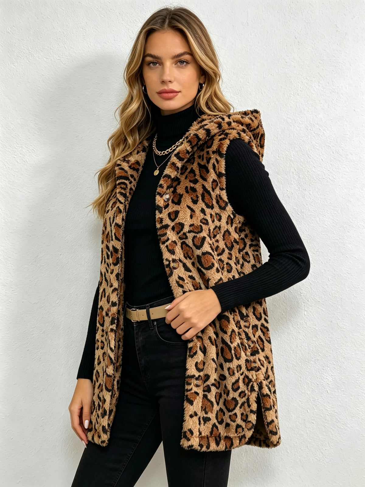 Women'S Adult Winter Casual Daily Jacquard Diamond Double-Faced Fleece Warm Fleece Pullover Vest Jacket - Leopard Print