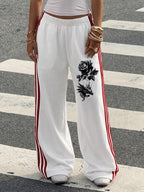 Popular Women's Casual Sporty Printed Long Pants, Side Stripe Comfortable Soft Versatile Straight-Leg Casual Trousers - White