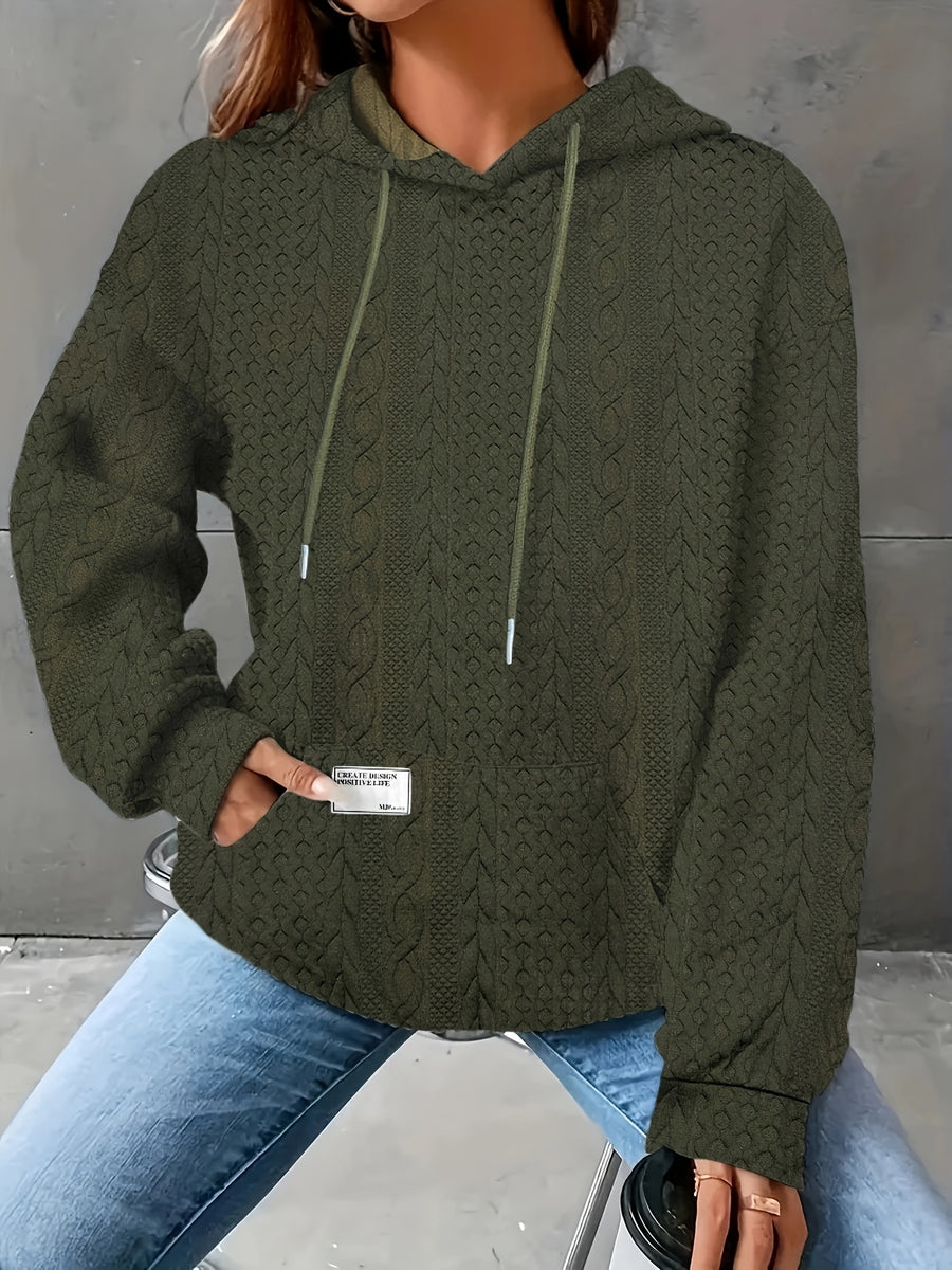 Women's Autumn/Winter Waffle Hooded Long-Sleeve Solid Color Sweatshirt - Olive Green