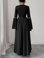 Women'S Elegant Long Sleeve Flared Waist-Cinching A-Line Dress with Pearl Round Neck - Black