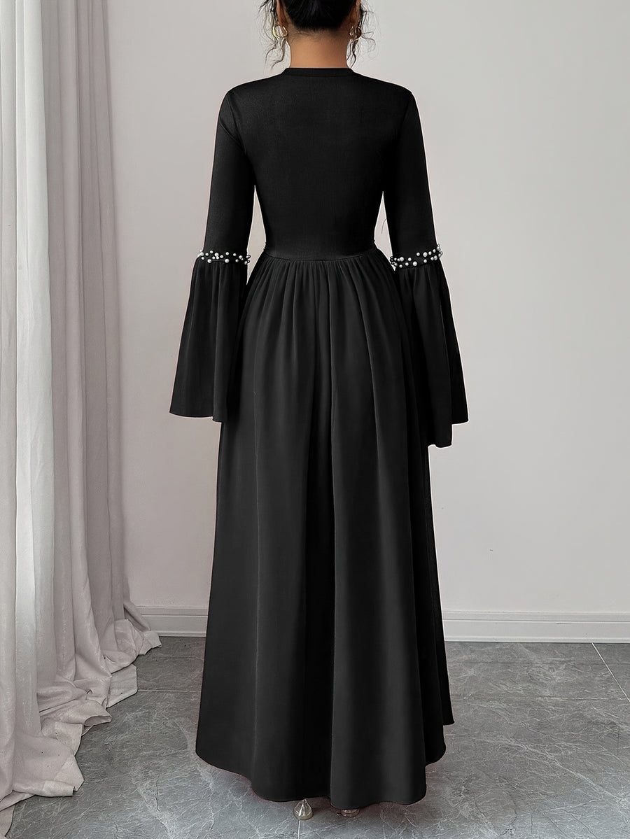 Women'S Elegant Long Sleeve Flared Waist-Cinching A-Line Dress with Pearl Round Neck - Black