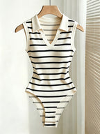 Directional Casual Striped Lapel Contrast Color Women's Elegant V-Neck Slim Fit Bodycon Top Without Accessories - Apricot