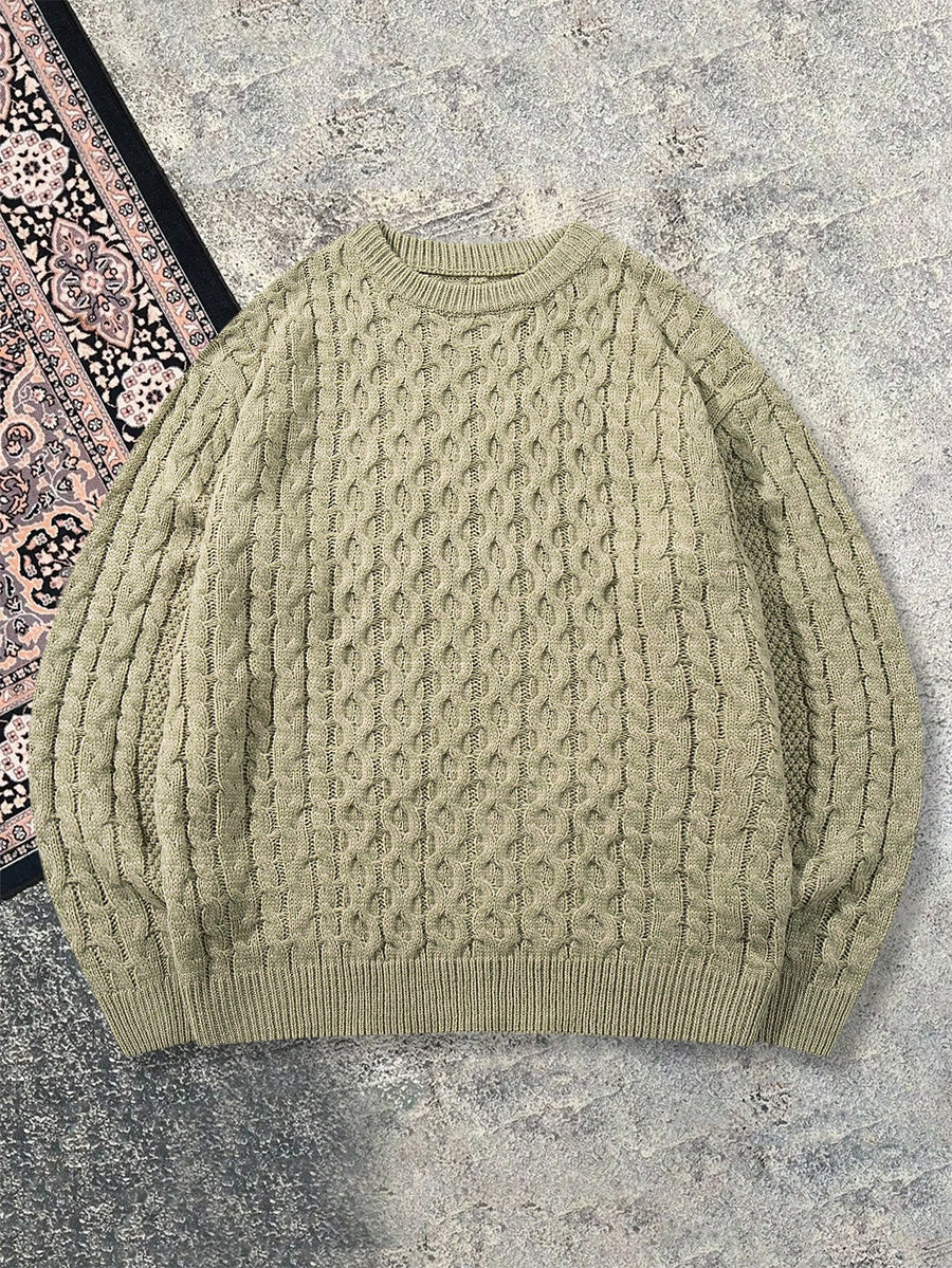 Autumn/Winter 26 Styles American Vintage Cable Knit Sweater for Men, Casual Twisted Cable Knit Pullover Crew Neck Knitted Top - Olive Green