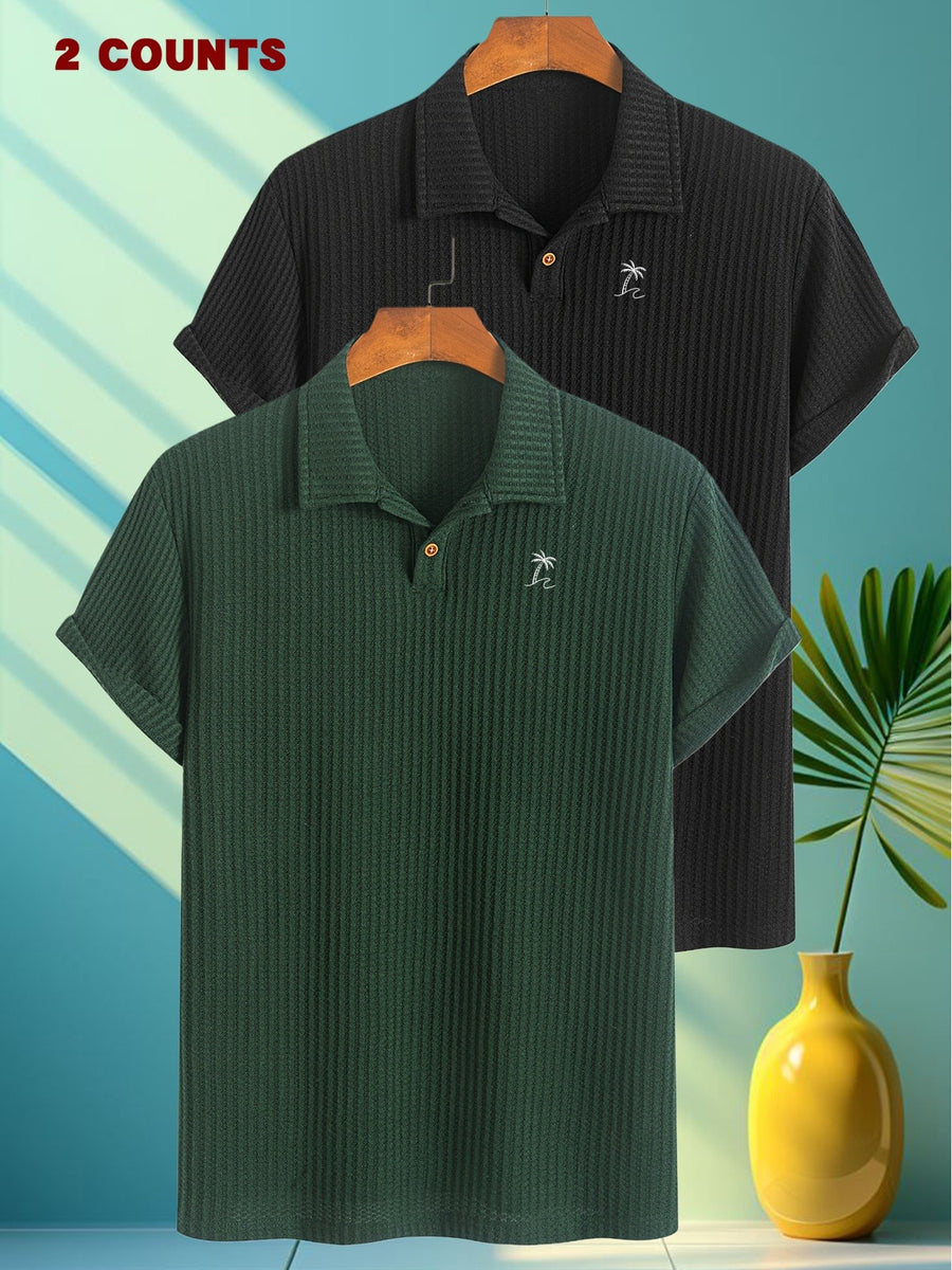 FM723 Palm Tree Print 2pcs Summer Men'S Textured Jacquard Short-Sleeved POLO Shirt Comfortable Casual Soft Knitted Lapel Daily Business Top Gift - Dark Green + Black
