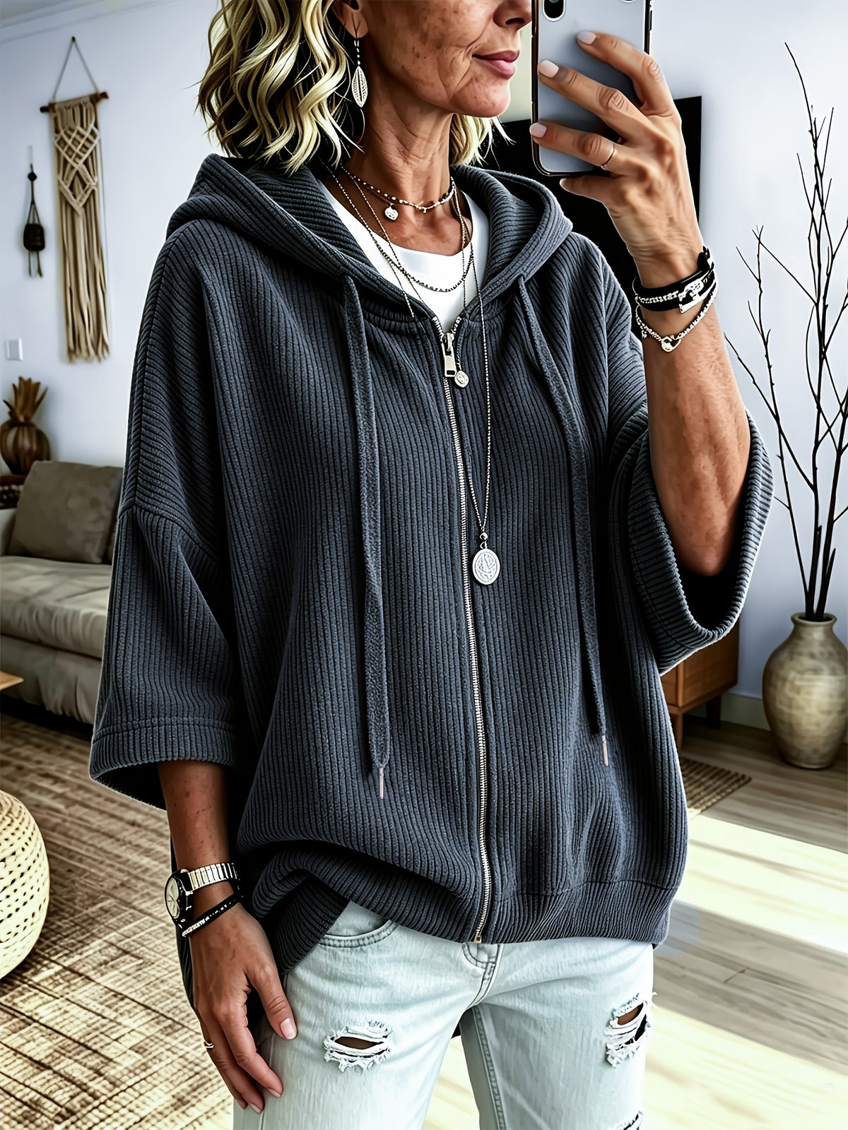 Plus Size, Women's Plus Size Corduroy Casual Drawstring Hooded Sweatshirt Top, Classic Versatile Hooded Top Elegant Women's Jacket, Loose Fit Comfortable Sweatshirt Jacket, Suitable for Commuting and Casual Wear - Space Gray
