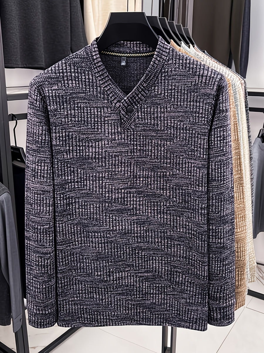 Men's Henley Collar Single-Button Long-Sleeve T-Shirt, Textured Jacquard Knit Top, Spring/Autumn Business Casual Daily Commute Base Layer Shirt - Purple