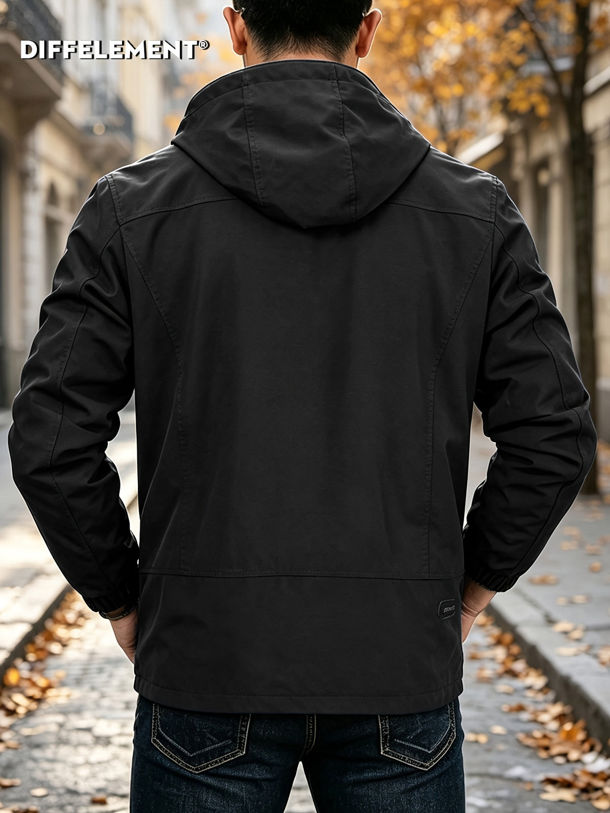 Men'S Drawstring Removable Hooded Utility Jacket, Wrinkle-Resistant Breathable Durable Woven Fabric, Fitted Short Length Spring Autumn City Commute Hiking Style, Autumn Street Outdoor Multi-Scene Wear, Orange Zipper Contrast Pocket - Black