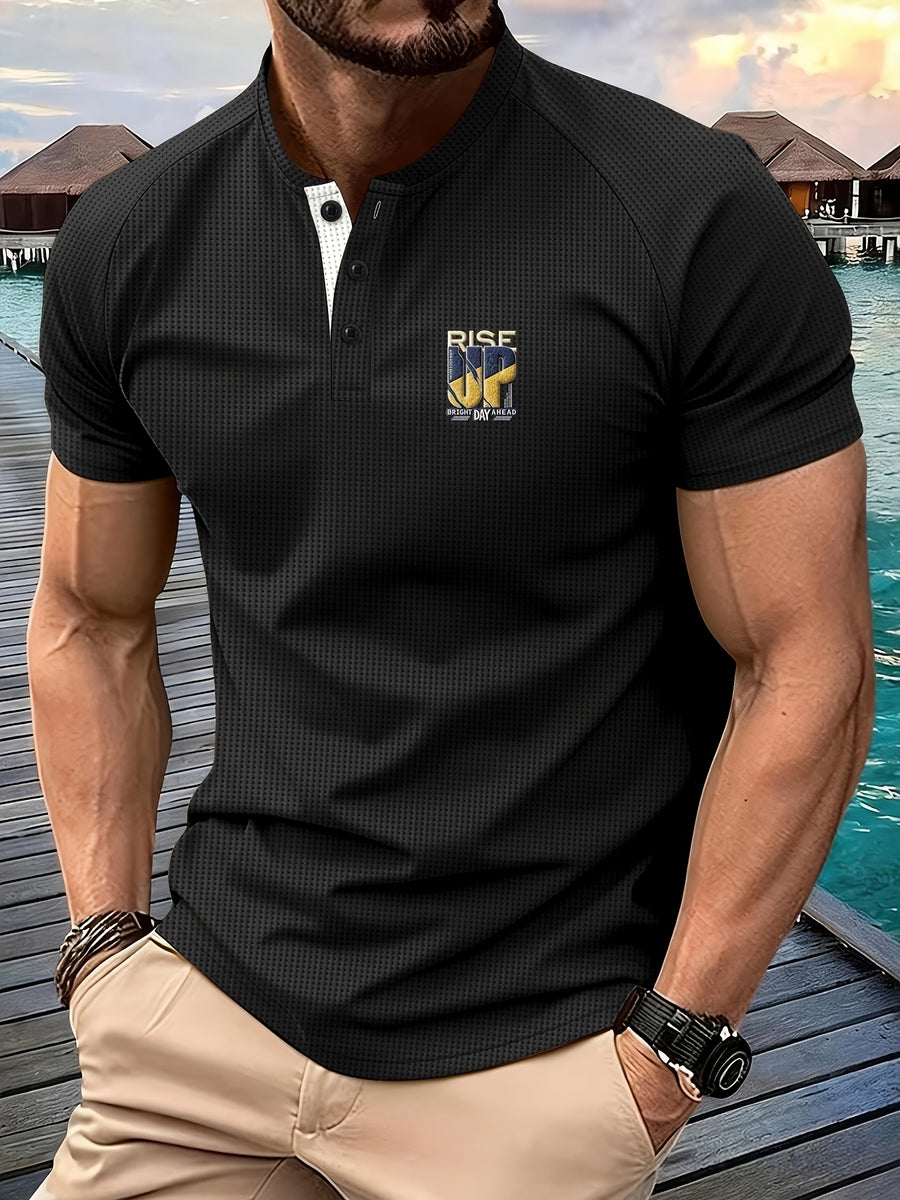 Men'S Fashion Men'S Tops Spring Summer Outdoor Casual Waffle Short Sleeve Men'S Henley Shirt - Black