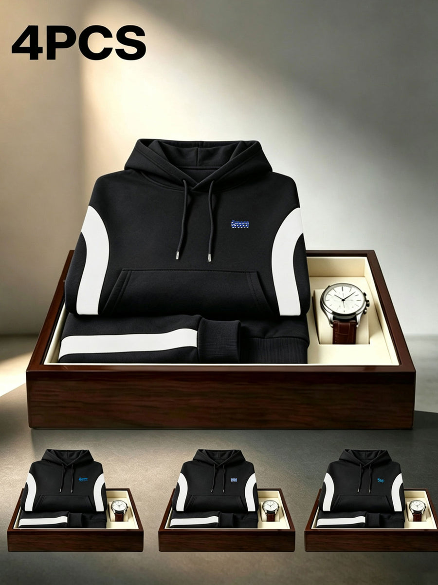4pcs Set: 2026 Autumn/Winter Men's Street Style Hooded Sweatshirt with Diagonal Contrast Color Stripes on Sleeves, Long Sleeves, Adjustable Drawstring, Large Capacity Kangaroo Pocket for Phone, Skin-Friendly and Warm, Versatile Pullover Hoodie - Black + Black + Black + Black