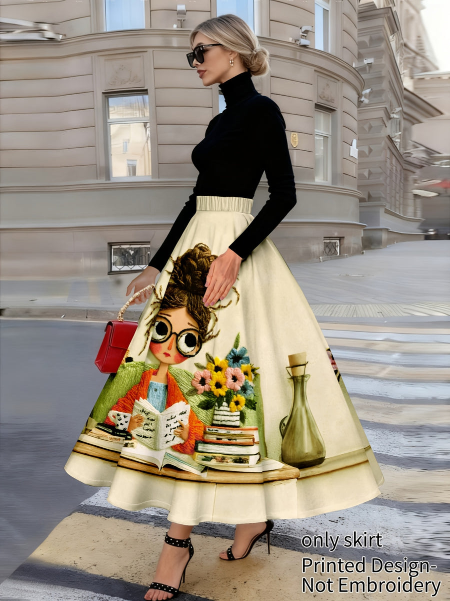 QC Midi Cartoon Reading Book Illustration Print Design Women's Elegant and Fashionable Half-Skirt - Off-white