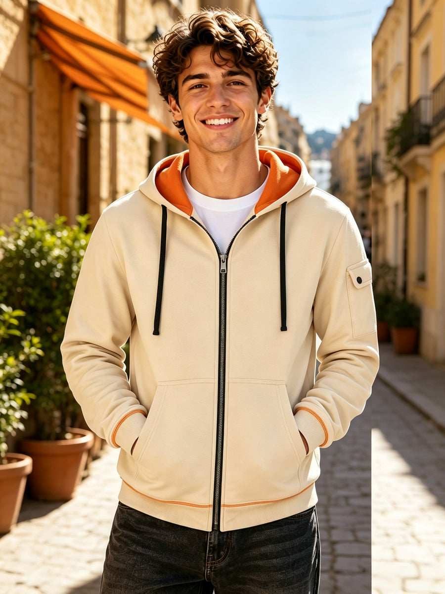 Men's Full Zip Hoodie, Contrast Color Hooded Sweatshirt with Cargo Pockets, Casual, Comfortable, Versatile Fall Winter Jacket - Apricot