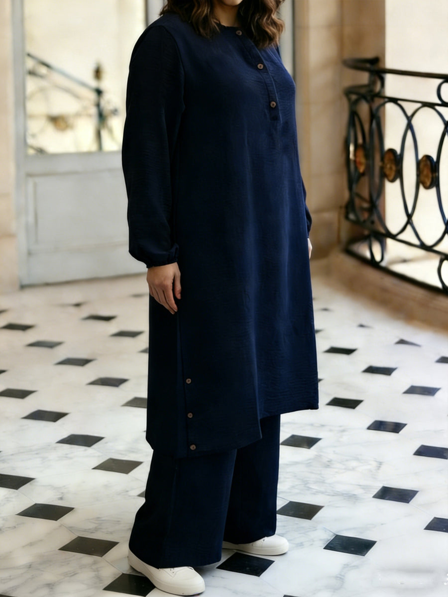 Eid Elegant Muslim 2pcs Jilbab/Abayas Set | Wooden Button Abaya with Wide-Leg PantsDaily Modest Wear - Navy Color