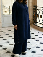Eid Elegant Muslim 2pcs Jilbab/Abayas Set | Wooden Button Abaya with Wide-Leg PantsDaily Modest Wear - Navy Color